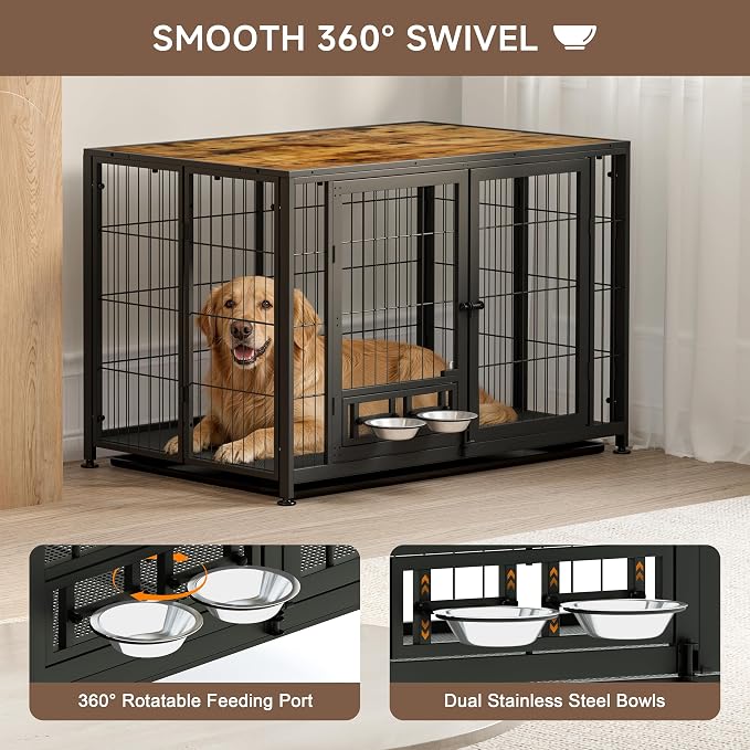 43.3" Heavy Duty Large Dog Crate with Wheels & Feeding Bowls, 3 in 1 Foldable Extra Large Dog Kennel & Playpen, Indestructible Escape-Proof Metal for Large Dogs, Indoor Outdoor, Rustic Brown