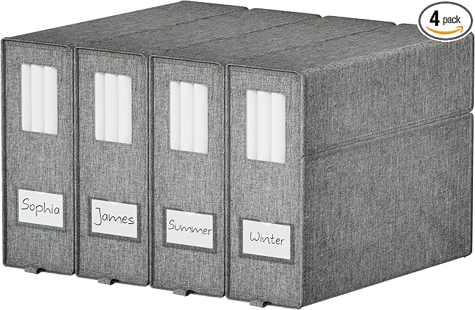 Furnhome Bed Sheet Organizers and Storage 4 Pack for Linen Closet, Foldable Sheet Set Holder with Window & Labels, Stackable Bedding Storage Boxes for Sheets, Duvet Covers, Blankets
