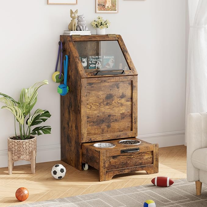 Garvee Dog Feeding Station with 2 Elevated Bowls, Brown | Wooden Dog Food Storage Cabinet, Flip Top Pet Feeding Station, Food Storage Container, Pet Toy Organizer