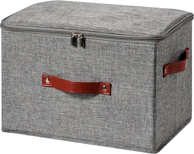Storage Bin Box with Zippered Lid Decorative Collapsible Basket | Cotton Linen Fabric, Washable Foldable Stackable Clothes Container, Closet Shelf Organizer w/ PU Leather Handles, Gray-Large