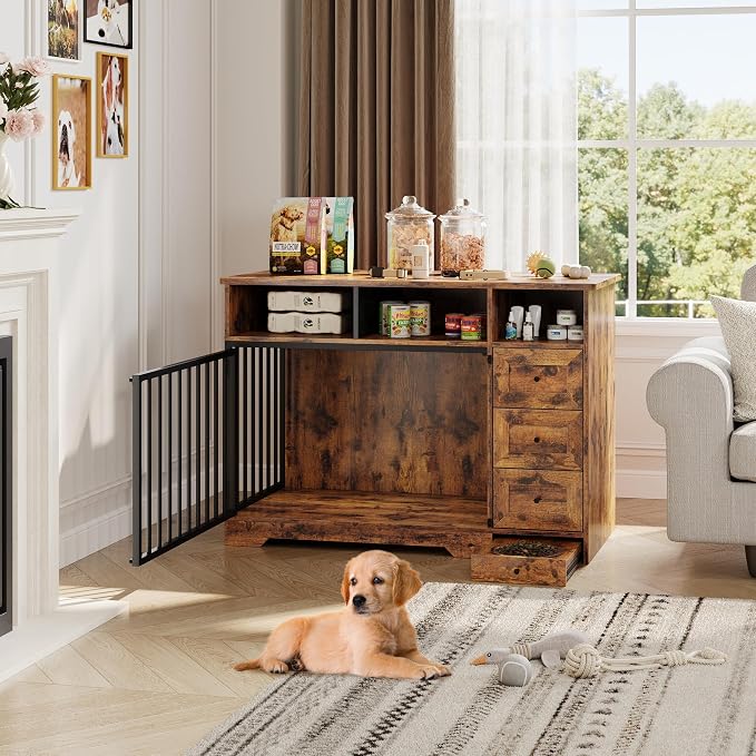 Heavy Duty Dog Crate Furniture, 48 Inch Modern Wooden Dog Kennel Indoor with Storage & 6 Drawers, Hidden Bowl, Sliding Lock End Table for Medium to Large Dogs