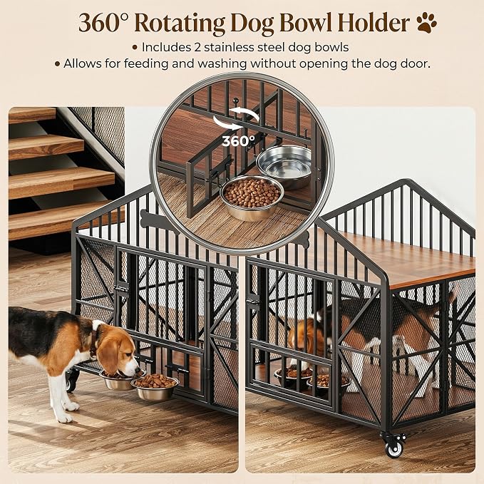 IRONCK 41.5" Foldable Dog Crate Furniture with 5 Wheels & Rotating Bowls | No assembly. 5-wheel base. 2 rotating bowls. For medium Dogs. 41.5"L x 24.8"W x 35.1"H. Rustic Brown finish.
