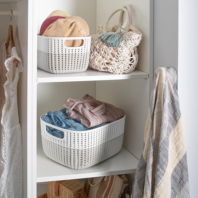 Simplify 2 Pack 2 Tone Sailor Knot Plastic Storage Tote | Decorative Basket | Closet Organization | De-clutter | Accessories | Toys | Bathroom Organization | Medium | Heather Grey