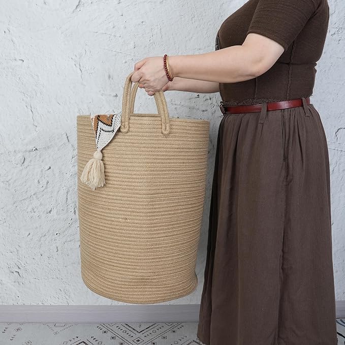 XUANGUO Laundry Basket Laundry Hamper for Clothes Jute Large | Woven Storage Basket for Living Room Bedroom Boho Tall Rope Baskets for Blanket Toys Pillow Towels Baby Nursery Hamper Bin