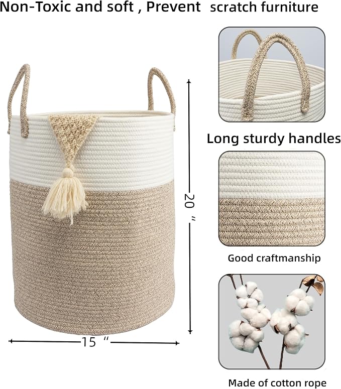 Woven Cotton Rope Laundry Basket, 15x20 Laundry Hamper, White/Brown | Rope storage basket for dirty clothes, toys and blankets. Perfect for bathroom, baby nursery and living room storage.