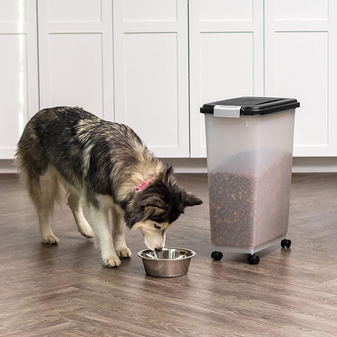 IRIS USA Dog Food Storage Container, Up to 38 lbs, Black, Made in USA | Wheels for Mobility, Airtight Seal, BPA-Free, Best for Bird Seed, Cat food, Cat Litter, Chicken Feed, Pellets