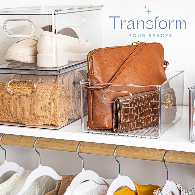 primebox 2 Pack Clear Plastic Organizer Bins with Handles for Home Organization. Storage Containers for Organizing Fridge, Freezer, Cabinet. Pantry, Great for Kitchen, Garage, Laundry Room. 10"x8"x5"