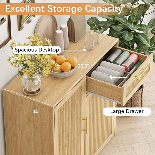 13 Gallons Pull Out Trash Can Cabinet with Storage, Natural Oak | Fluted Kitchen Trash Cabinet with Adjustable Shelf & Drawer, Hidden Wood Pet Proof Trash Can Holder for Laundry, Living Room