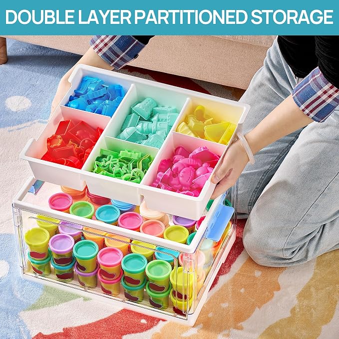 Vtopmart 24 QT Blue Clear Craft Organizer with Tray & Dividers, 1 Pack | Storage Box for Coloring Books, Modeling Clay, Molds and Art Supplies, Removable Tray for Craft Supplies Organization