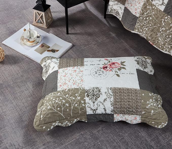 Brilliant Sunshine Pink Roses & Grey Toile Pillowshams Set, 20"x26"+2" | Patchwork Design, Quilted Standard Pillowcases, Washable Scallop Edge Pillow Covers, Pack of 2