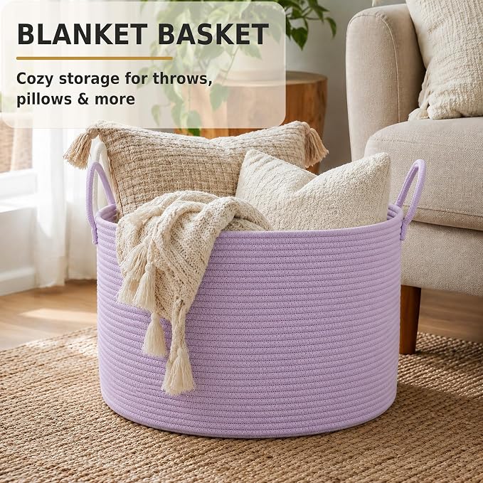 XUANGUO 66L Large Blanket Basket, Round Cotton Rope Basket, Purple | 20" x 13" Laundry Basket with Sturdy Handles for Blankets, Pillows and Toys; Storage for Living Room, Bedroom and Nursery