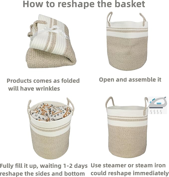 XUANGUO Cotton Rope Laundry Basket Hamper for Clothes Large Brown and White | Baby Nursery Hamper Bin and Woven Storage Basket for Living Room Bedroom Boho Tall Rope Baskets Blankets Toys Pillows Towels