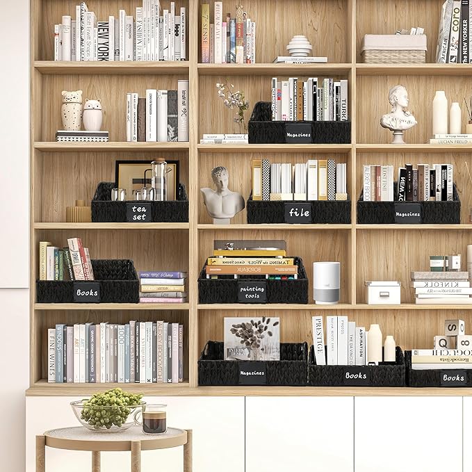 Black Pantry Baskets, Wicker Baskets for Shelves Organizing | Handwoven Pantry Organizers and Storage with Built-in Handles, Laundryroom Organization Storage Bins for Snack Cans