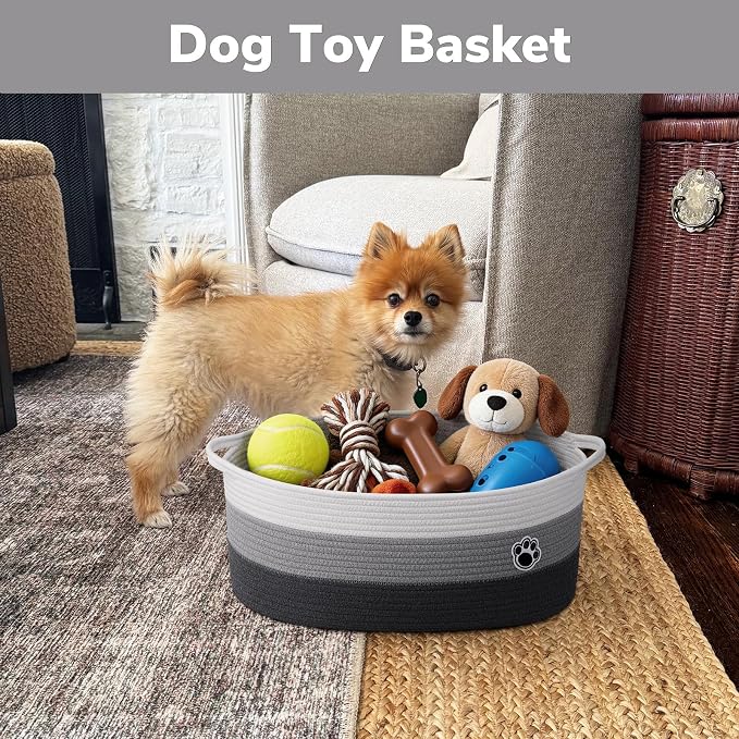 30L Large Woven Rope Dog Toy Basket with Paw Print, Mixed Grey | 19.7" x 11" x 7.9" Dog Toy Bin & Box with Handles, Storage Basket for Blankets Towels, Fits Living Room Nursery Bedroom