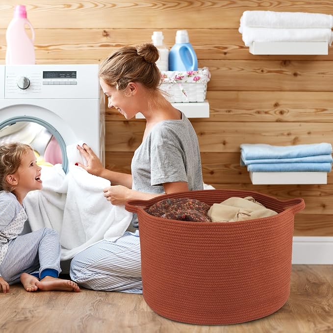 XUANGUO Extra Large Cotton Rope Round Storage Basket 22" x 14" Rustic | Woven basket for blankets, toys, towels, laundry, nursery, living room and pet toy storage.