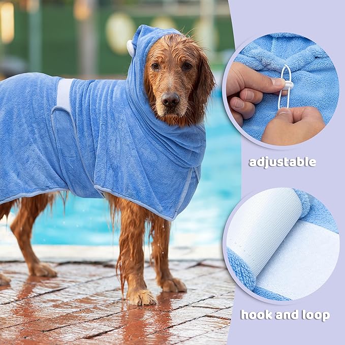 Dog Bath Towel Robe - Quick Drying Absorbent Hooded Pet Bathrobe Towel for Bath Grooming Beach Trip Pool - Soft Cozy Adjustable Drying Coat Hoodie for Medium Large Dogs