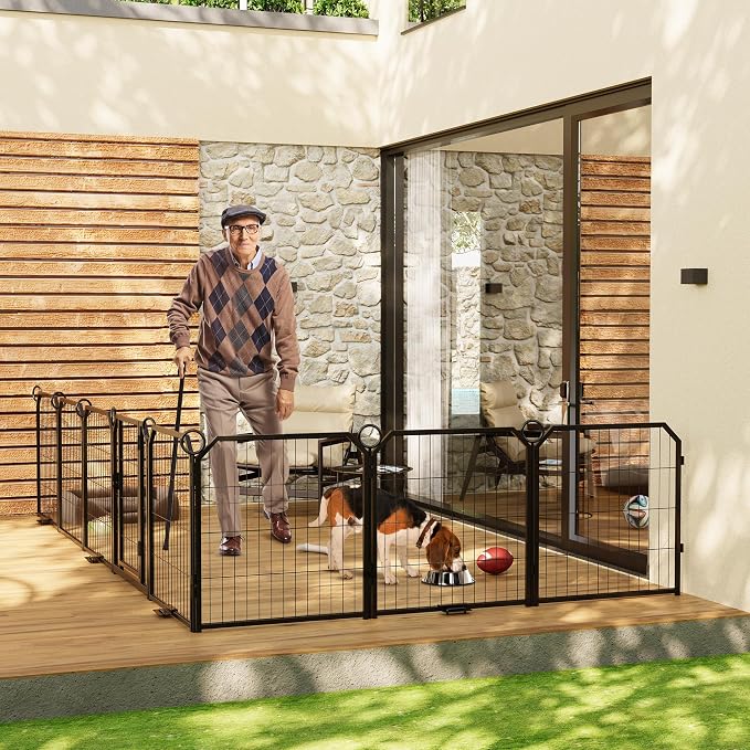 Steel Dog Playpen with Lockable Door & Ground Stakes, 24”H 8 Panels Puppy Playpen, Foldable Dog Fence for Indoors/Outdoor/Yard/RV/Camping