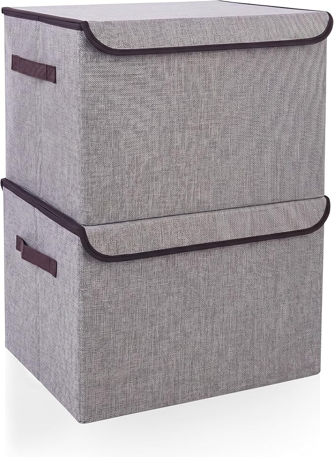 Large 42 Quarts Fabric Storage Bins with Lids [2-Pack] Linen Collapsible Foldable Storage Cubes, Closet Organizer Containers boxes with Handles for Home Office (16.7 x 12 x 12, Gray)