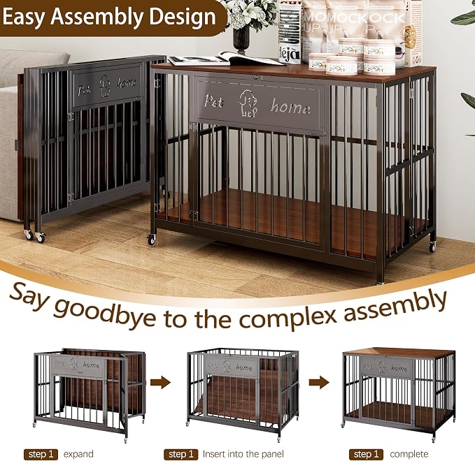 39" Foldable Dog Crate Furniture for Medium Dogs, Walnut | Wooden Construction, RGB Ceiling Lights, Silent Casters, Tabletop as End Table TV Stand
