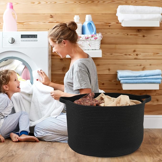 XUANGUO Extra Large Cotton Rope Round Storage Basket 22" x 14" Black | Woven basket for blankets, toys, towels, laundry, nursery, living room and pet toy storage.
