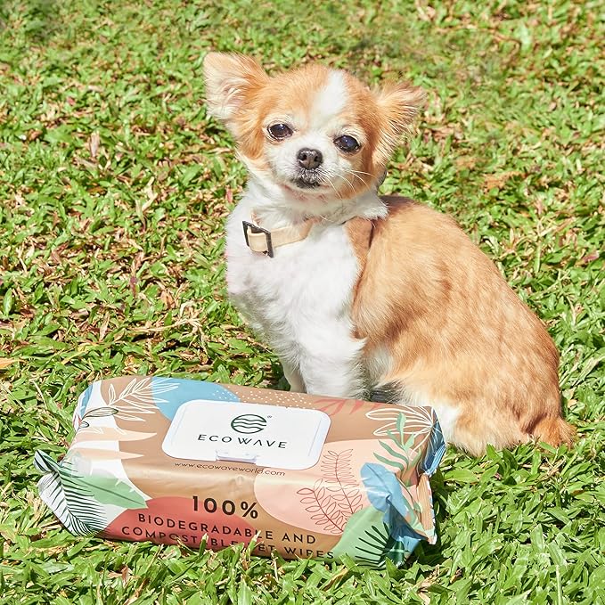 Eco Wave Hypoallergenic Plant-Based Pet Wipes, Dog and Cat Grooming Wipes for Face, Ears, Body, Butt, and Paws, Fragrance Free, Compostable, 100 Count