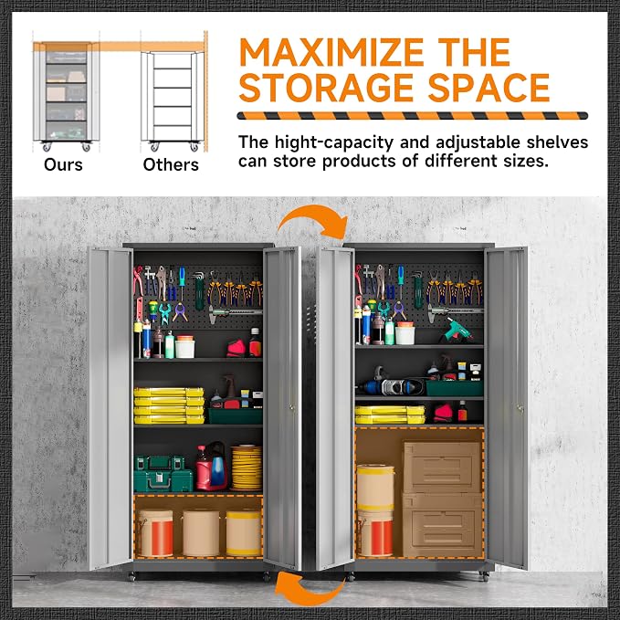 71''H Garage Storage Cabinet, Meatl Storage Cabinet with Lock | Tool Storage Cabinet, Steel Tool Cabinet with 2 Doors and Shelves for Garage, Warehouse, Assembly Required, Gray