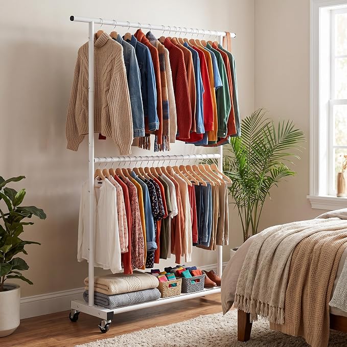 Sywhitta Double Rod Metal Clothing Rack on Wheels with Bottom Mesh,White | Rolling Garment Organizer, for Hanging Clothes,Coats,Easy to Assemble,Space-Saving,Mobile Organizer for Closet