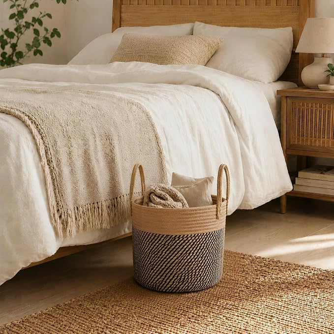 Woven Plant Basket with Handles, 11"x11" Round Rope Wicker Basket for 8-10" Plant Pots, Boho Decor Storage Organizer for Blankets, Toys, Towels, Rustic Storage Bin for Home, Black Stripes