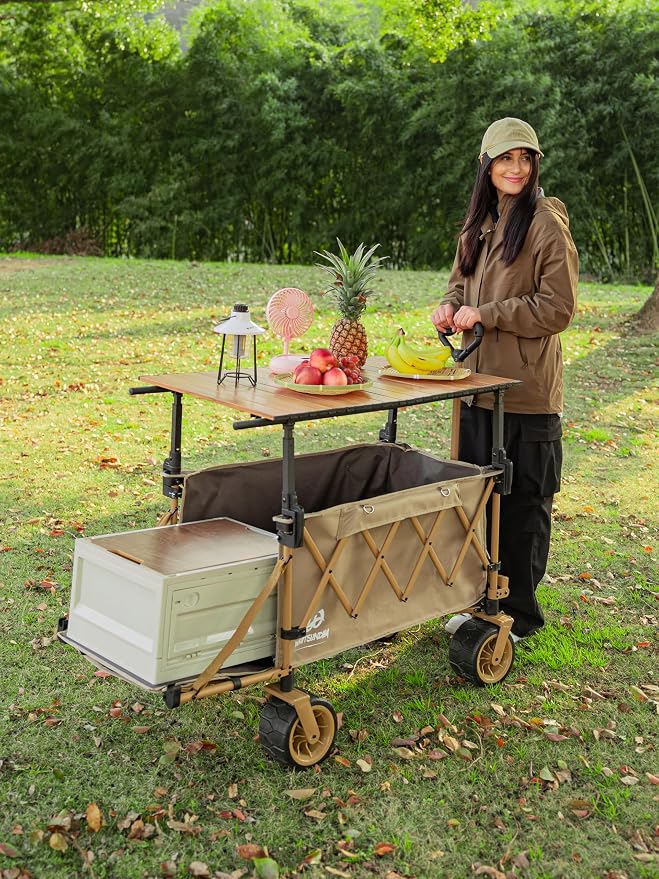 Whitsunday Collapsible Folding Wagon Heavy Duty Utility Beach Wagons with Opened Tailgate and All-Terrain Wheels for Camping,Garden,Sports Khaki