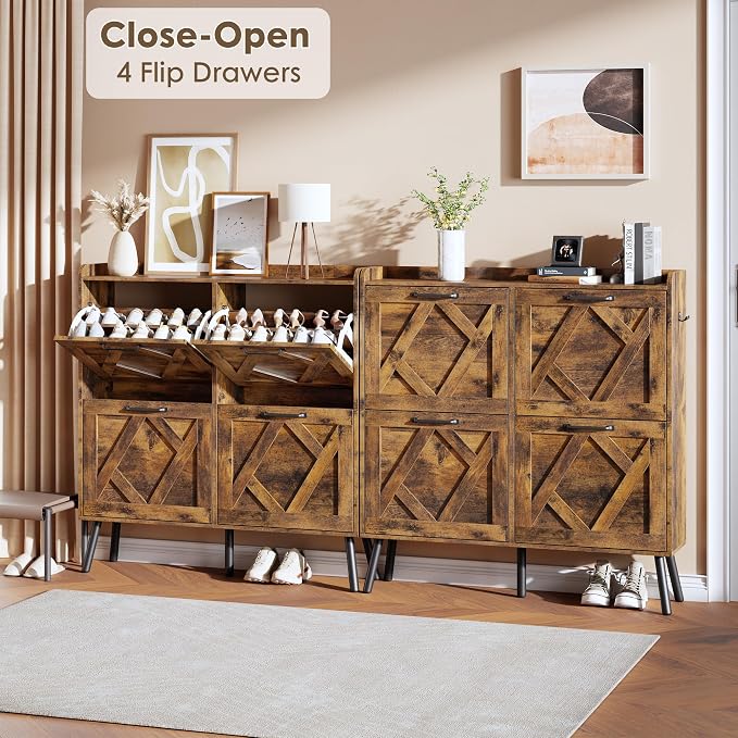 Shoe Cabinet Storage for Entryway, Freestanding Shoe Storage Cabinet, Farmhouse Narrow Shoe Rack Cabinet for Entryway, Foyer, Hallway, Shoe Cabinet 4 Flip Drawers