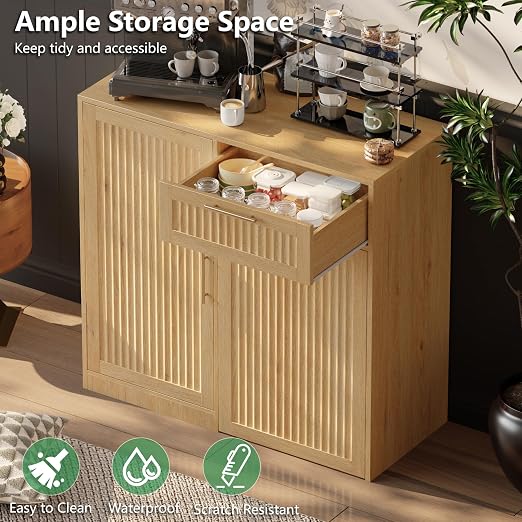 Single 13 Gallon Pull Out Trash Can Cabinet with Storage Cabinet,Natural | Pet Proof Hidden Garbage Can Cabinet,3-Tier Shelves,Fluted Design,Extra Drawer Space,Kitchen & Dining Room Organization