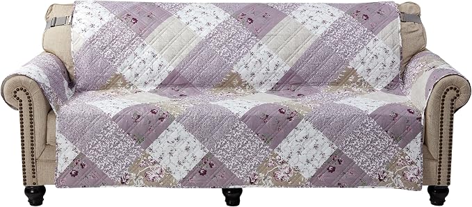 Brilliant Sunshine Lilac & Beige Roses Patchwork Couch Cover, 78" seat | Quilted Sofa Cover, Living Room & Bedroom Furniture Protector, Extra Large Washable Slipcover for Pets, Dogs & Cats