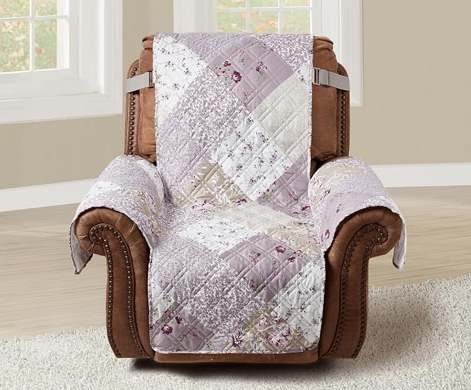 Brilliant Sunshine Lilac & Beige Roses Couch Recliner Cover, 28" seat | Quilted Sofa Cover, Living Room & Bedroom Furniture Protector, Large Washable Reclining Chair Slipcover for Pets, Dogs & Cats