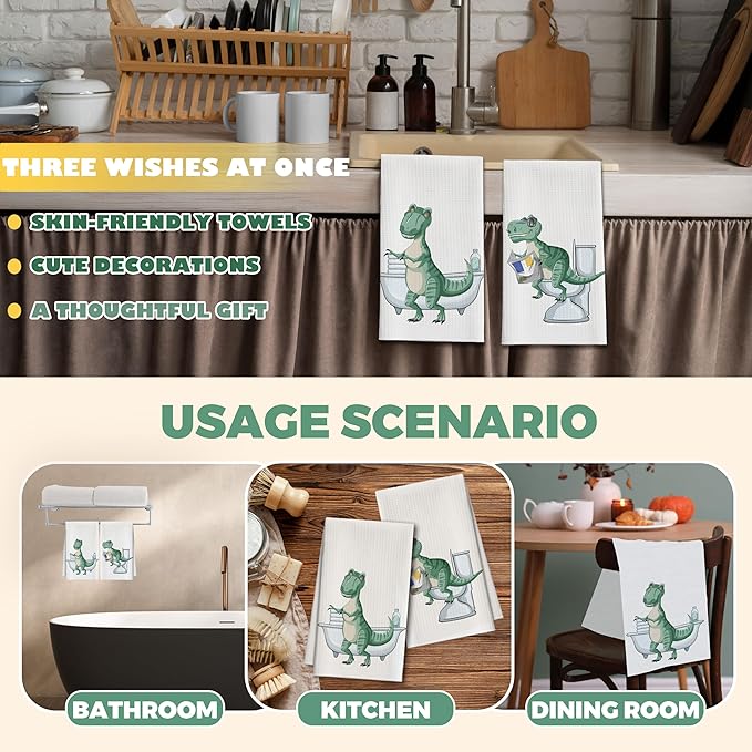 Bath Towels Set of 2, Dinosaur Dish Towel for Bathroom Spa Washroom, Cute Animals Fast Drying Decorative Hand Towels, Funny Housewarming for Dinosaur Lovers Women Mom -05