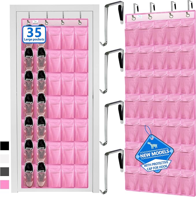 Over the Door Shoe Organizer, 2025 Upgrade 35 Large Pockets for Shoe Storage, Hanging Shoe Holder with Metal Hook, Clear Shoe Rack for Closet Bathroom Door Space Saving - Pink