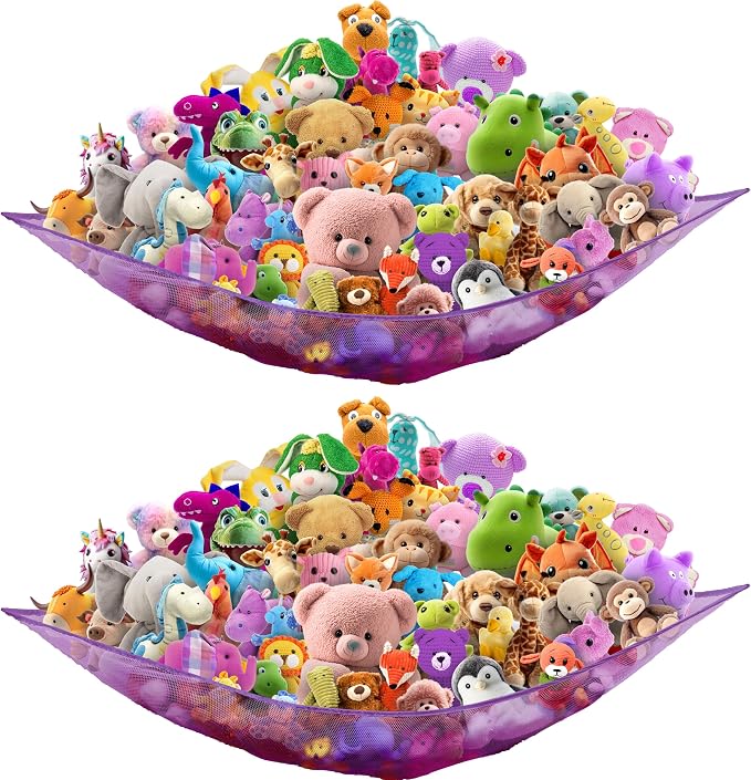 Simple Houseware 2 Pack Stuffed Animal Toy Hammock Net, Purple | Jumbo Size Corner Wall Storage for Kids Room