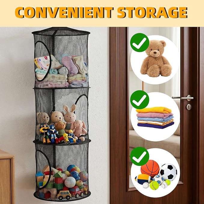2Pcs Hanging Stuffed Animal Storage Hammock Net 3 Tiers, Black | Hanging Mesh Storage Organizer for Kids Room, Holds Plushies, Gloves, Hats, Socks, Foldable Space-saving Design