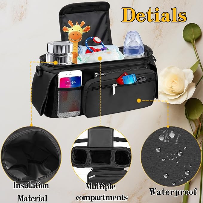 Compact Universal Stroller Organizer: Insulated Cup Holders, Detachable Phone Pouch + Shoulder Strap, Ideal for Parenting Journeys (Black)