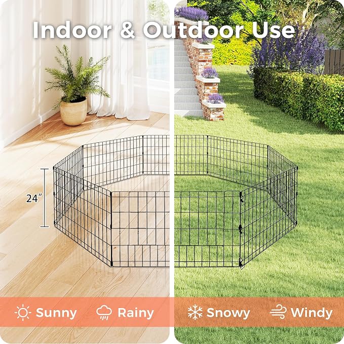 24" 8 Panels Dog Playpen - Foldable Metal Pet Exercise Pen for Puppy | Pet Dog Fence for Small Dogs Indoor/Outdoor Use Metal Playpen, Portable Fence NO Door for Yard Garden Camping, Black