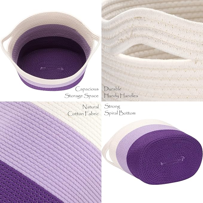 Sea Team Large Woven Cotton Rope Laundry Basket with Handles, 16 x 13 in | Collapsible Knitted Hamper, Closet Shelf Organizers, Containers for Clothing, Blankets, Toys, Bedding, Lavender