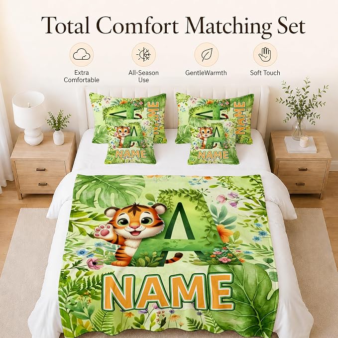 Custom Blanket for Girls Boys with Monogram, Personalized Kids Tiger Throws | Easy Care, Lightweight Throw, Fluffy Flannel Blanket, Soft Touch, Kids Gift