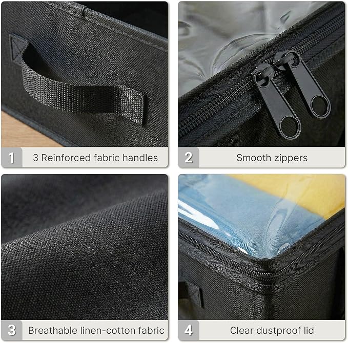 2-Pack Under Bed Storage Containers, 8 Inches Tall Clothes Storage, Black | Large Capacity Collapsible Underbed Organizer with Sturdy Sidewalls/Bottom, Cotton Linen Bins, For Seasonal Clothes & Bedding