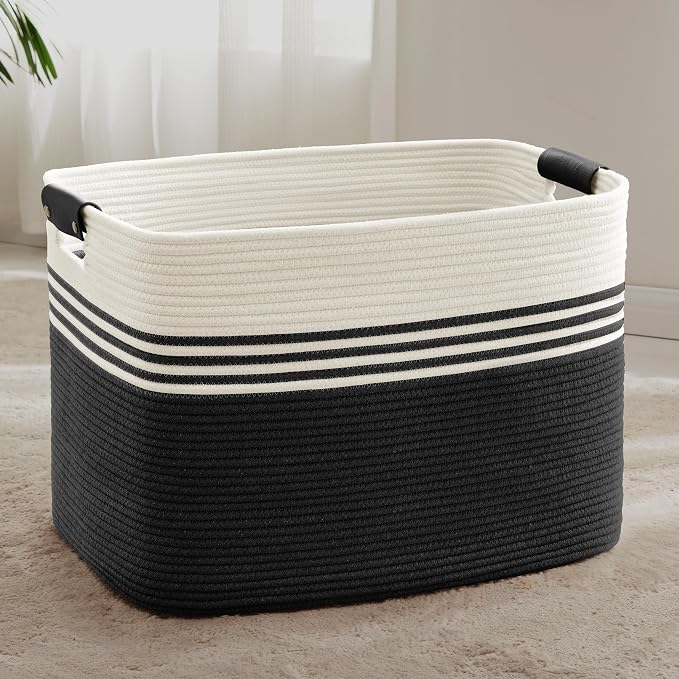 100L Large Woven Laundry Basket Hamper with Leather Handles,Black | collapsible wicker hamper, storage for dirty clothes, toys, blankets, gifts, living room, bedroom, bathroom, 24"x16"x16"