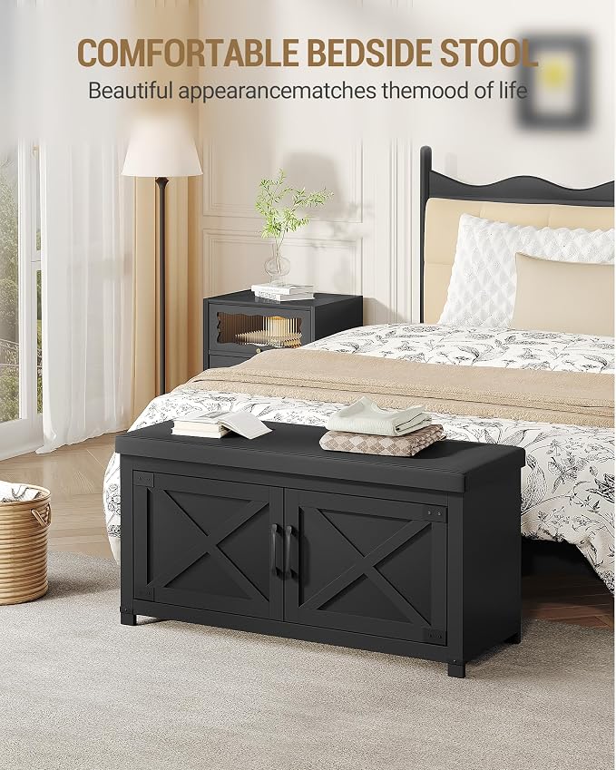 Hzuaneri 39.4" Shoe Storage Bench, with Soft Padded Seat Cushion & Doors | 2 Tier Entryway Storage Bench with Adjustable Shelf, Farmhouse Shoe Cabinet for Living room, Bedroom, Black SB26606BK