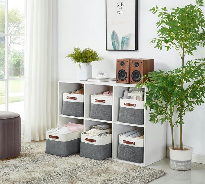 DECOMOMO Storage Bins, Large Fabric Storage Baskets for Shelves 4 Pack | 15 x 11 x 9.5 inches Decorative Linen Closet Organizers (Slate Grey & White)
