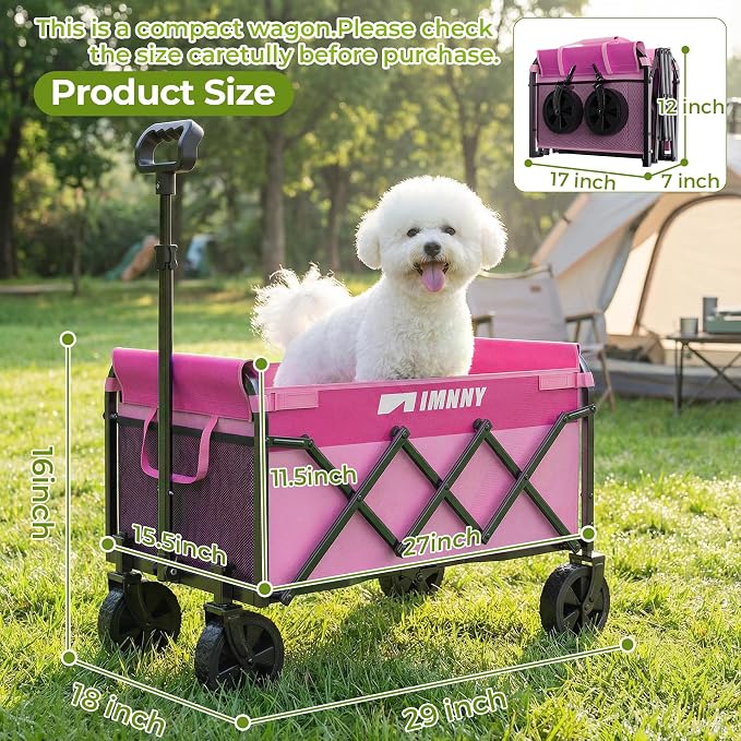 Pink Small Collapsible Wagon Cart, Lightweight Folding Utility Cart with Wheels, 220lbs Capacity Portable Grocery Cart for Sporting Events, Garden, Shopping (Pink)