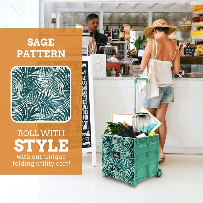 Inspired Living Ultra-Slim Rolling Collapsible Storage Pack-N-Roll Utility-carts, with Telescopic Handle, for Home, Garden, Shopping, Office, School use, Large, Motif Print