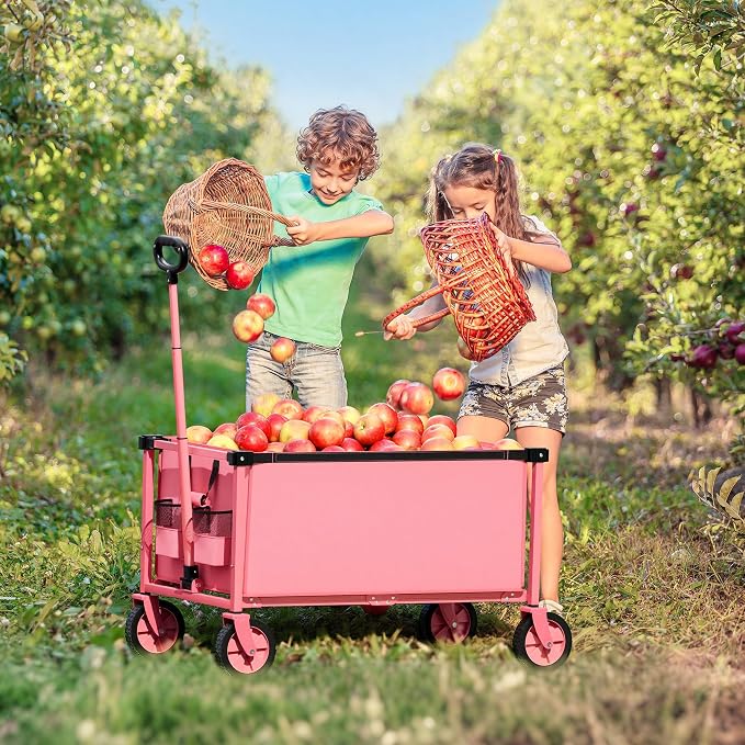 29.3" Collapsible Wagon Cart, 150L Heavy Duty Folding Utility Wagon with Wheels, 260 lbs Load, Portable Rolling Cart for Garden, Shopping, Sports, Camping, Pink