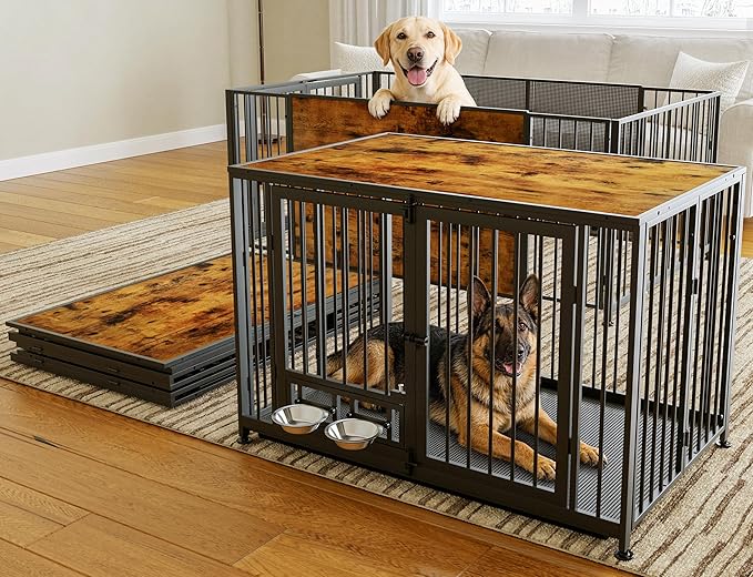 43.3" Heavy Duty Large Dog Crate with Wheels & Feeding Bowls, 3 in 1 Foldable Extra Large Dog Kennel & Playpen, Indestructible Escape Proof Metal Dog Cage for Large Dogs, Indoor Outdoor, Rustic Brown