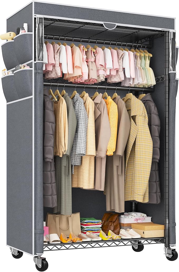 Raybee Clothes Rack with Cover, Rolling Portable Closet, 2 Rods & 2 shelves | Heavy Duty, Tool-free Assembly, Adjustable, Lockable Wheels, Freestanding, Covered, Zippered, Saving Space for Bedroom,Dorm